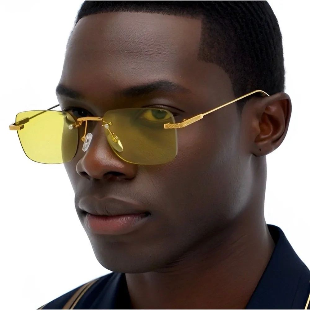 Mens Gold Rimless Rectangular Sunglasses Yellow Tinted Lens Retro Streetwear New